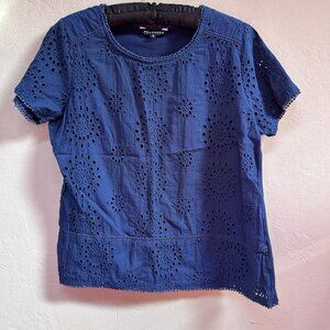 Peacocks Women's Eyelet Embroidered Short Sleeve Blouse Top Blue Size 12 Cotton